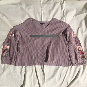 Cropped Off-the-Shoulder Sweater with Flower Embroidery